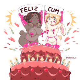 anthro armwear big_breasts big_butt blonde_hair braided_hair braided_ponytail breasts brown_body brown_hair butt cake candle chibi clothing collar dessert duo elbow_gloves eyes_closed female floppy_ears food garter_belt garter_straps genitals gloves green_eyes hair handwear happy happy_birthday heart_symbol latex latex_clothing latex_gloves latex_handwear latex_legwear latex_stockings legwear lingerie long_ears looking_at_viewer lop_ears magenta_choker magenta_gloves magenta_stockings nipple_tassels open_mouth pasties ponytail pop_out_cake scut_tail short_tail simple_background small_breasts smile stockings tail tan_body tassels vulva white_background wide_hips dasblue_in fiora_(melleacomic) mellea_(melleacomic) lagomorph leporid mammal rabbit 1:1 hi_res sibling_(lore) sister_(lore)