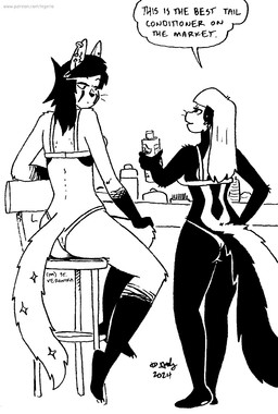 anthro bra butt chair clothing duo ear_piercing ear_ring female fluffy fluffy_tail fur furniture hair panties piercing rear_view ring_piercing tail underwear whiskers tegerio zandar's_saga kelly_o'dor veronika_ozvezdje domestic_cat felid feline felis mammal mephitid skunk 2024 black_and_white hi_res monochrome