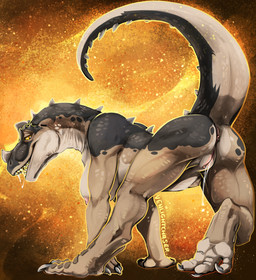 anthro big_breasts bodily_fluids breasts brown_body brown_scales butt dripping facial_horn female genital_fluids genitals hanging_breasts horn humanoid_genitalia humanoid_vulva nipples non-mammal_breasts non-mammal_nipples nose_horn presenting presenting_hindquarters pupils scales sharp_teeth slit_pupils solo spiked_tail spikes spikes_(anatomy) tail teeth vaginal_fluid_drip vaginal_fluids vulva venlightchaser ceratosaurid ceratosaurus dinosaur prehistoric_species reptile saurischian scalie theropod hi_res