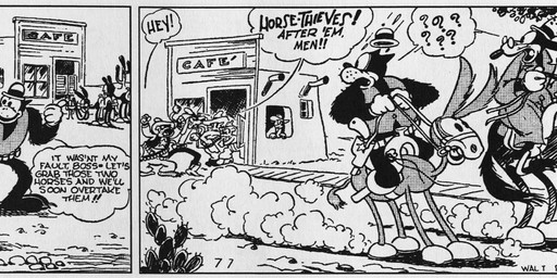 anthro bottomwear clothed clothing dialogue eyewear female feral fingers footwear glasses gloves group handwear headgear headwear open_mouth pegleg floyd_gottfredson roy_nelson disney public_domain mickey_mouse minnie_mouse pegleg_pete pete_(disney) sylvester_shyster asinus canid canine canis domestic_cat domestic_dog donkey equid equine felid feline felis horse mammal mouse murid murine rodent 1930 20th_century absurd_res ancient_art black_and_white dated hi_res long_image monochrome wide_image