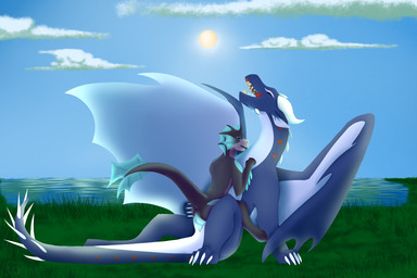 anthro anthro_on_feral bestiality black_vulva blue_penis claws cloud cowgirl_position duo erection eyes_closed female feral feral_on_bottom frill_(anatomy) from_front_position genitals grass hand_on_another's_butt hand_on_butt hand_on_chest holding_butt horn lake looking_at_another looking_at_partner looking_pleasured male male/female on_bottom on_top open_mouth open_wings outside outside_sex penetration penis plant sex sharp_teeth size_difference sun tail teeth vaginal vaginal_penetration vulva water white_genital_slit wings king_quince mythology wings_of_fire fraya_(lofi) frostflower_(kink) dragon icewing_(wof) kobold mythological_creature mythological_scalie rainwing_(wof) scalie 3:2