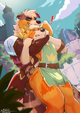 anthro brown_body brown_fur bulge castle clothing crown detailed_background duo exclamation_point fountain fur grin head_lock headgear male male/male orange_body orange_fur royalty sky smile tabard thick_thighs wide_hips exsys kanon_(applejacksville) australian_shepherd canid canine canis domestic_dog herding_dog mammal pastoral_dog sheepdog