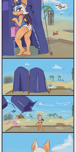 anthro areola barefoot barely_visible_genitalia barely_visible_vulva beach bikini bikini_bottom bikini_top breasts butt clothed clothing dialogue eyelashes eyeshadow eyewear eyewear_on_head eyewear_only feet female fingers fur genitals hair holding_bag holding_eyewear holding_object holding_sunglasses humanoid_feet humor makeup membrane_(anatomy) membranous_wings nipples nude open_mouth outdoor_nudity outside plantigrade pose sand seaside sky smile solo standing sunglasses sunglasses_on_head sunglasses_only swimwear tail text toes topwear two-piece_swimsuit vulva water wings drxsmokey sega sonic_the_hedgehog_(series) rouge_the_bat bat mammal absurd_res colored comic detailed digital_drawing_(artwork) digital_media_(artwork) english_text hi_res shaded