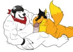 anthro bear canid canine duo epic_games fortnite fox genitals hi_res holding_head humanoid_genitalia humanoid_penis jake_(jakethenerdyfox) licking lying male male/male mammal muscular on_front open_mouth open_smile oral penile penis penis_lick polar_bear polar_patroller sex seyrmo sitting smile tongue tongue_out ursine