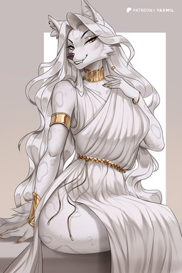 anthro armlet big_breasts bracelet breasts choker clothing collarbone ear_piercing ear_ring ear_stud eyebrows eyelashes fangs female fur hair inner_ear_fluff jewelry long_hair markings necklace piercing pose ring_piercing sitting small_waist solo spots spotted_body spotted_fur teeth tuft white_body white_fur white_hair yellow_eyes yasmil oona canid canine canis felid hybrid leopard mammal pantherine wolf 2025 2:3 hi_res