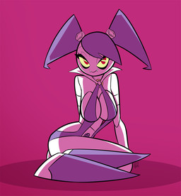 bedroom_eyes breasts clothed clothing fangs female half-closed_eyes machine metal_skin narrowed_eyes navel not_furry pigtails red_eyes seductive sitting skimpy solo teeth unusual_navel white_body white_skin dankodeadzone my_life_as_a_teenage_robot nickelodeon jenny_wakeman humanoid robot robot_humanoid vampire hi_res