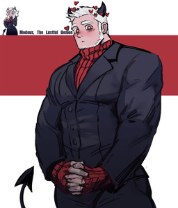 beard blush clothed clothing crossgender dual_persona facial_hair female ftm_crossgender hair heart_eyes heart_symbol horn looking_at_viewer male muscular muscular_humanoid muscular_male not_furry red_eyes simple_background solo spade_tail suit sweater tail topwear white_hair dopq helltaker modeus_(helltaker) demon humanoid hi_res