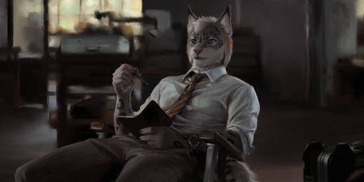 5_fingers anthro blurred_background chair clock clothing fingers furniture inside male note notebook pen sitting solo suit suit_and_tie table watch geewolf inception felid feline lynx mammal 2025 digital_media_(artwork) hi_res