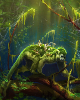 detailed_background feral forest fur green_body green_fur moss plant raining solo tree tamberella haplorhine mammal monkey primate 2018 4:5 digital_media_(artwork) green_theme hi_res