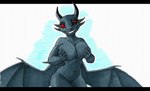 anthro big_breasts black_bars black_body black_skin breasts eyeliner female holding_breast horn looking_at_viewer makeup nude red_eyes sharp_teeth simple_background smile solo teeth wings ewgengster yetzer_hara demon jinn letterbox traditional_media_(artwork)