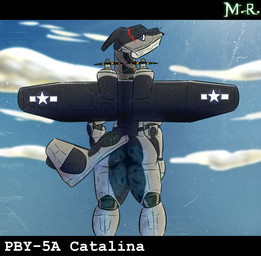aircraft airplane anthro big_butt blue_body butt cloud emblem engine female grey_body gun machine mechanical_arm mechanical_leg mechanical_tail mechanical_wings military propeller ranged_weapon sea sky solo tail vehicle water weapon wings mantrinrus convair pby_catalina aeromorph living_aircraft living_machine living_vehicle digital_media_(artwork) hi_res