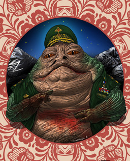 3_fingers bag blood blood_on_body blood_on_hand bodily_fluids brown_body brown_eyes brown_skin clothing fingers green_body green_skin hat headgear headwear male medal military military_cap military_uniform obese obese_male officer outside overweight overweight_male politics propaganda russia russian russian_federation russian_flag soldier solo text trash_bag ugly_bastard ukraine ukrainian uniform war warrior z_(military_symbol) andriy_yermolenko russo-ukrainian_war star_wars jabba_the_hutt alien hutt 2026 hi_res russian_text ukrainian_text