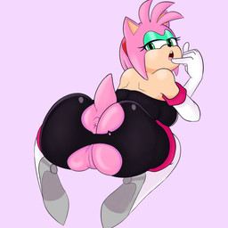 accessory anthro anus armwear big_breasts black_bodysuit black_clothing black_nose black_skinsuit bodysuit boots breasts clothing elbow_gloves eyelashes eyeshadow female footwear fur genitals gloves green_eyes green_eyeshadow hair hair_accessory hairband handwear head_tuft high_heeled_boots high_heels knee_boots knee_highs legwear looking_at_viewer looking_back looking_back_at_viewer makeup open_mouth pink_body pink_fur pink_hair rear_view shoes short_hair skinsuit solo tan_body tan_fur thick_thighs tight_clothing torn_bodysuit tuft vulva white_boots white_clothing white_footwear white_gloves white_handwear wide_hips starfinga sega sonic_the_hedgehog_(series) amy_rose rouge_the_bat eulipotyphlan hedgehog mammal absurd_res hi_res