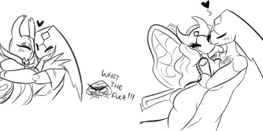 2_horns biped black_text breasts butt closed_smile clothing exclamation_point eyebrows eyelashes eyes_closed eyeshadow female forehead_gem gem group heart_symbol horn hug hugging_another looking_at_another makeup male male/female mouth_closed nude profanity simple_background smile text white_background wings latiar hollow_knight_(franchise) team_cherry emery_(latiar) harrold_(latiar) arthropod english_text hi_res monochrome