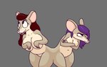 anthro black_eyes breasts buckteeth conjoined conjoined_at_butt duo female fur genitals grumpy hair happy nude open_mouth purple_hair pussy red_hair tan_body tan_fur teeth theyton mammal mouse murid murine rodent