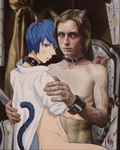 blue_eyes blue_hair blue_tail brown_hair chair clothing collar collarbone cuff_(restraint) detailed_background duo eyebrow_through_hair eyebrows furniture hair hug inner_ear_fluff looking_at_viewer looking_back looking_back_at_viewer male male/male markings mostly_nude navel nipples on_chair pale_skin photorealism pointy_ears prick_ears realistic_anatomy realistic_lighting realistic_shading restraints shirt short_hair sitting sitting_on_chair slim striped_markings striped_tail stripes style_crossover superflat tail tail_markings topwear translucent translucent_hair tuft vein veiny_muscles wrist_cuffs naruki_kukita animal_humanoid cat_humanoid felid felid_humanoid feline feline_humanoid humanoid mammal mammal_humanoid 2017 hi_res oil_painting_(artwork) painting_(artwork) traditional_media_(artwork)