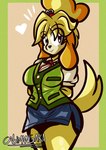 anthro bell bell_collar blonde_hair blue_bottomwear blue_clothing blue_skirt bottomwear breasts brown_eyes clothing collar female fluffy fluffy_ears fluffy_tail fur green_clothing green_topwear green_vest hair hair_up hands_behind_back heart_symbol medium_breasts miniskirt orange_ears red_ribbon ribbons secretary secretary_outfit shirt simple_background skirt smile solo tail thick_thighs topwear vest white_clothing white_shirt white_topwear wide_hips yellow_body yellow_fur cabimangaka animal_crossing nintendo isabelle_(animal_crossing) canid canine canis domestic_dog mammal absurd_res hi_res shaded signature