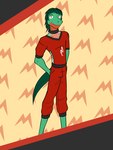 3:4 abstract_background anthro anthrofied bottomwear clothed clothing fully_clothed fuze generation_3_pokemon grovyle hi_res male nintendo pants pokemon pokemon_(species) pokemorph shirt solo topwear