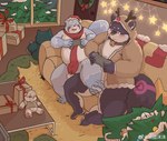 anthro belly big_belly blue_body blush christmas_clothing christmas_decorations christmas_headwear christmas_tree clothing controller detailed_background duo electronics furniture game_controller gaming hat headgear headwear holidays inside kemono male male/male overweight overweight_male plant playing_video_game plushie santa_hat scarf sitting sofa tree awa_awa christmas nintendo pokemon ailurid canid canine canis domestic_dog generation_1_pokemon mammal pokemon_(species) red_panda snorlax 2023 hi_res