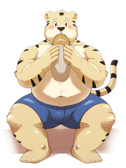 anthro belly biped black_nose blush bottomwear bread clothing eating food fur humanoid_hands male navel overweight overweight_anthro overweight_male shorts simple_background sitting solo white_background yellow_body yellow_fur jumperbear felid mammal pantherine tiger 2019 absurd_res hi_res