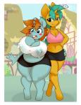 anthro belly big_breasts blush bodily_fluids breast_grab breast_size_difference breasts buckteeth cleavage clothed clothing crossgender duo female hand_on_breast hand_on_hip horn huge_breasts lactating midriff milk navel overweight overweight_female ponyville public slightly_chubby teeth thick_thighs wide_hipped_female wide_hips kloudmutt friendship_is_magic hasbro my_little_pony mythology snails_(mlp) snips_(mlp) equid equine mammal mythological_creature mythological_equine unicorn 2017 digital_media_(artwork) hi_res