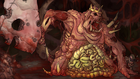 black_sclera blood blood_on_ground blood_on_knife blood_on_weapon bodily_fluids bone brain cleaver_(knife) corpse crown cutlery death disembowelment exposed_brain front_view gore headgear kitchen_knife kitchen_utensils knife melee_weapon organs pustule teeth tools weapon wounded daimera darkest_dungeon swine_prince_(darkest_dungeon) wilbur_(darkest_dungeon) domestic_pig mammal monster suid suine sus_(pig) swinefolk_(darkest_dungeon) 16:9 2015 hi_res widescreen