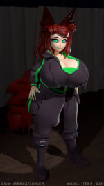 big_breasts big_tail black_clothing blinking boots bouncing_breasts breasts bulge cleavage clothed clothing footwear green_eyes gynomorph hair hoodie huge_breasts intersex light_body light_skin looking_at_viewer pockets red_hair shaking_breasts shoes solo tail tongue tongue_out topwear mrmeatlovers terraxy animal_humanoid canid canid_humanoid canine canine_humanoid fox_humanoid humanoid mammal mammal_humanoid 3d_(artwork) 3d_animation 9:16 animated blender_(artwork) digital_media_(artwork) hi_res loop no_sound short_playtime webm