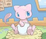 2016 ambiguous_gender blue_eyes blush carpet clean_diaper clothed clothing diaper diaper_only felid feral fur generation_1_pokemon hi_res legendary_pokemon mammal mew_(pokemon) mew_(psmd) nintendo pink_body pink_fur pokemon pokemon_(species) pokemon_mystery_dungeon rug sitting solo spike_chunsoft topless wadorigi wearing_diaper young young_feral