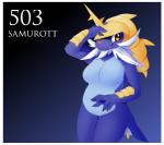 anthro anthrofied big_breasts blue_body border breasts facial_hair featureless_breasts featureless_crotch female horn nude orange_eyes pokemorph red_nose simple_background slightly_chubby smile solo white_border inget nintendo pokemon generation_5_pokemon mammal pokemon_(species) samurott digital_media_(artwork) hi_res