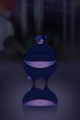 anthro belly belly_expansion belly_inflation belly_peeking_out big_belly biped blue_body blue_fur blue_hair blueberry_inflation body_inflation bottom_heavy clothed clothing ear_piercing empty_eyes expansion fur gauged_ear hair hair_over_eye huge_belly hyper hyper_belly inflation inside looking_at_viewer male navel piercing plug_(jewelry) reflection solo tracksuit wide_hips frisk-lk charlie_and_the_chocolate_factory canid canine mammal 2026 hi_res