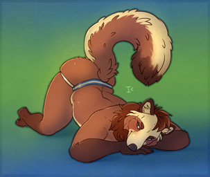 anthro ass_up belly blue_background blue_eyes brown_body clothing fluffy fluffy_tail gradient_background green_background jockstrap male markings simple_background solo tail tan_belly tan_markings underwear interkos binturong mammal viverrid 2023 hi_res