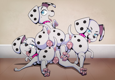 animal_genitalia animal_vulva anus big_butt black_nose black_spots blue_eyes butt canine_genitalia canine_vulva collar eyebrows feet female feral floppy_ears genitals group half-closed_eyes inside looking_at_viewer looking_back looking_back_at_viewer lying lying_on_ground markings narrowed_eyes on_front on_ground open_mouth open_smile pawpads presenting presenting_hindquarters quadruped rear_view sitting sitting_on_another smile spots spotted_body standing tongue tongue_out toony trio vulva white_body young young_female young_feral conditional_dnp psy101 101_dalmatian_street 101_dalmatians disney dallas_(101_dalmatians) deja_vu_(101_dalmatians) destiny_(101_dalmatians) triple_d_(101_dalmatians) canid canine canis dalmatian domestic_dog mammal 2025 hi_res sibling_(lore) sister_(lore) sisters_(lore) triplets_(lore)