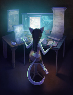 anthro book bracelet chair clothing computer desk electronics female fur furniture green_body green_fur green_hair hair jewelry keyboard scroll table david_lillie dreamkeepers lilith_calah domestic_cat felid feline felis mammal hi_res official_art