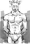 anthro antlers briefs bulge clothed clothing detailed_background eyewear glasses hands_behind_back horn male muscular muscular_anthro muscular_male nipples solo star tighty_whities topless underwear white_briefs white_clothing white_underwear shirako beastars oguma_(beastars) cervine deer mammal red_deer hi_res monochrome signature