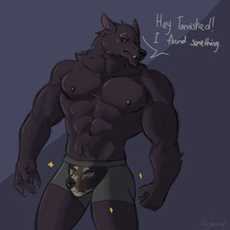 abs anthro big_muscles boxers_(clothing) boxers_only clothed clothing huge_muscles male male_anthro muscular muscular_anthro muscular_male nipples scar solo teeth topless underwear underwear_only durgewoof elden_ring fromsoftware meme_clothing wolf_head_underwear blaidd_(elden_ring) canid canine canis mammal wolf 1:1 hi_res meme