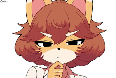 anthro bangs brown_body brown_fur clean_lines close-up clothed clothing ear_tuft female fluffy fur hair half-closed_eyes hand_on_chin narrowed_eyes neutral_expression pensive scarf simple_background small_nose solo text thinking thinking_pose tuft white_background voider_(artist) bully_fox canid canine fox mammal 2025 artist_name bust_portrait digital_drawing_(artwork) digital_media_(artwork) flat_colors hi_res portrait