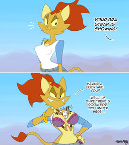 anthro bra breasts clothing duo female fur male outside shirt text topwear underwear white_clothing white_shirt white_topwear yellow_body yellow_fur potateymatey bra_strap_showing_(meme) fria_(potateymatey) marley_(potateymatey) felid herpestid lion mammal meerkat pantherine 2026 absurd_res english_text hi_res meme