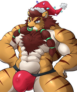 abs anthro biceps big_muscles biped blue_eyes brown_body brown_fur brown_hair brown_nose bulge chest_tuft christmas_clothing christmas_headwear clothed clothing facial_piercing fur hair hat headgear headwear holidays jockstrap lights male muscular muscular_anthro muscular_male nipples nose_piercing nose_ring pecs piercing ring_piercing santa_hat septum_piercing simple_background solo standing stocky stripes topless tuft underwear white_background white_body white_fur maldu christmas king_william_astro santa_claus canid canine canis felid hybrid liger lion mammal pantherine tiger wolf 5:6 absurd_res hi_res