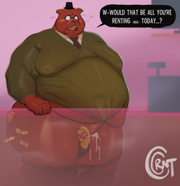 accessory anal anthro belly big_belly big_butt big_moobs big_nipples bodily_fluids bottomless bottomwear bottomwear_down butt butt_grab clothed clothing dialogue duo ejaculation eyewear flustered genitals glasses hand_on_butt handjob handjob_while_rimming hat headgear headwear larger_but_small male male/male moobs navel necktie nipples oral orgasm orgasm_face overweight overweight_male pants pants_around_ankles pants_down partially_clothed penile penis pulling_shirt_down reach_around rimming sex small_penis speech_bubble standing stealth_sex store sweat text thick_thighs translucent translucent_clothing underwear_around_ankles cocoronut night_in_the_woods angus_delaney gregg_lee bear canid canine fox mammal absurd_res english_text hi_res