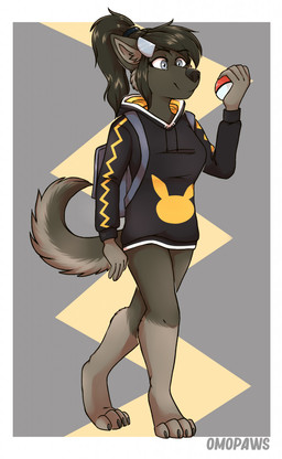 anthro backpack black_clothing black_hair black_hoodie black_nose black_topwear clothed clothing countershade_tail countershading female fur grey_body grey_countershading grey_eyes grey_fur grey_tail hair hoodie leg_markings markings pokeball ponytail socks_(marking) solo standing tail topwear walking omopaws nintendo pokemon canid canine canis fox hybrid mammal wolf digital_drawing_(artwork) digital_media_(artwork) hi_res