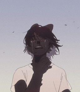 anthro black_body black_hair blood bodily_fluids clothing crying front_view hair hand_on_neck male nosebleed open_mouth red_eyes shirt sky solo t-shirt tears topwear white_clothing white_shirt white_topwear enmapsycho canid canine canis domestic_dog mammal hi_res