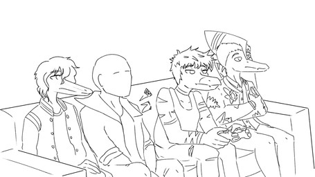 anthro bald clothing controller crossed_arms furniture game_controller gaming group hair head_crest jacket long_snout male on_sofa playing_video_game shirt short_hair sitting sitting_on_sofa snout sofa tank_top topwear wings jacket_ignites cavemanon_studios goodbye_volcano_high ko_op_(game_developer) snoot_game anon_(snoot_game) leo_(gvh) naser_(gvh) reed_(gvh) aquatic dinosaur dromaeosaurid human liopleurodon mammal plesiosaur pliosaur prehistoric_species pterodactylus pterosaur reptile saurischian scalie theropod velociraptor 2024 hi_res monochrome watermark