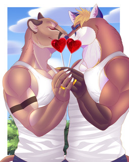 anthro candy clothing day dessert food heart_symbol hidden_face holidays kissing lollipop love male muscular muscular_anthro muscular_male ring romantic romantic_couple shirt tank_top topwear fersh_star valentine's_day grizzly_mathew_(character) ricius_teck canid canine cougar felid feline fox mammal 4:5 hi_res