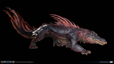 ambiguous_gender black_background blue_body blue_scales claws copyright_symbol dark_body dark_scales feral gills light logo orange_sclera overbite pupils quadruped red_gills red_spines scales scar simple_background slit_pupils snout solo spines symbol tail teeth text visible_teeth yellow_eyes andrew_ariza god_of_war god_of_war_ragnarok mythology sony_corporation sony_interactive_entertainment crocodilian dragon dreki_(gow) monster mythological_creature mythological_scalie reptile scalie 2022 3d_(artwork) absurd_res artist_name colored concept_art copyright_name detailed digital_media_(artwork) hi_res lighting official_art shaded