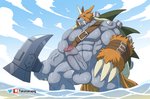 anthro balls claws erection foreskin genitals grey_body horn humanoid_genitalia humanoid_penis male muscular muscular_anthro muscular_male pecs penis solo unretracted_foreskin vein veiny_penis water wet takataka bandai_namco digimon digimon_(species) zudomon 2020