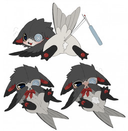 beak black_beak black_eyes blush bodily_fluids button_(fastener) cotton covering covering_face embarrassed feathers female grey_body grey_ears grey_feathers grey_wings kemono lying nervous nervous_sweat on_front pawpads plushie plushophilia red_bow red_inner_ear red_pawpads seam_ripper semi-anthro simple_background solo stitch_(sewing) stuffing sweat tan_body white_background winged_arms wings yellow_sclera jejejunum jejunum_(jejejunum) animate_inanimate apodiform avian bird chimney_swift living_plushie swift_(bird) hi_res multiple_images