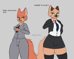 anthro breasts clothed clothing coffee_cup container cup dialogue duo female formal_clothing formal_wear fur green_eyes legwear necktie office_clothing office_lady open_mouth orange_body orange_fur simple_background stockings text mzzrlaraz dreamworks the_bad_guys diane_foxington karmelia canid canine canis coyote fox mammal 2021 5:4 absurd_res digital_media_(artwork) english_text hi_res watermark