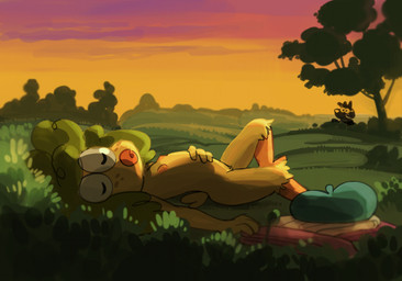 anthro beret clothing detailed_background duo feathers female forest green_hair hair hat headgear headwear nipples nude plant scarf sleeping sunset tree yellow_body yellow_feathers young unknown_artist harvey_beaks nickelodeon claire_(harvey_beaks) piri_piri avian bird canid canine fox mammal 2017 digital_media_(artwork)