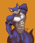 abs absurd_res anthro balls barazoku bergamo blue_body blue_fur bodily_fluids canid canine canis dragon_ball ears_up flaccid fur genitals hi_res male mammal muscular muscular_anthro muscular_male nipples nude penis pinumontbalou solo sweat sweaty_body wolf yellow_eyes