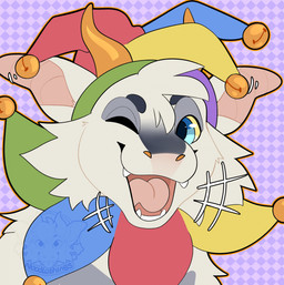 anthro bell blue_eyes clothing female fool's_hat fur hat headgear headwear looking_at_viewer one_eye_closed solo tan_body tan_fur wink winking_at_viewer noodlethings mythology tora_(noodlethings) dragon mythological_creature mythological_scalie scalie colorful_theme hi_res